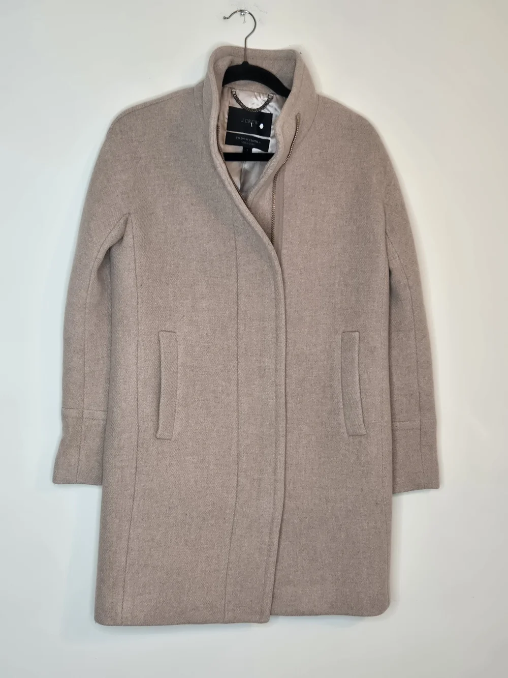 J.Crew Stadium Cloth Wool Blend Coat Beige Stand Collar Long Top Coat Size 0